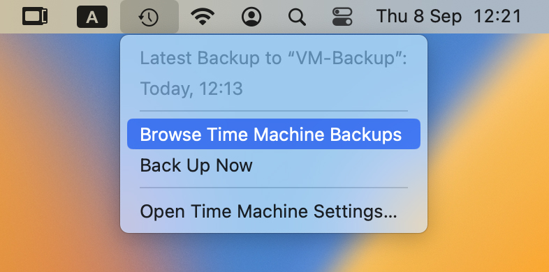 launch time machine from icon in menu bar 