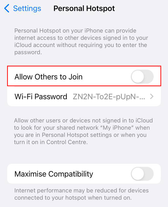 toggle the switch to turn on the hotspot on the iPhone