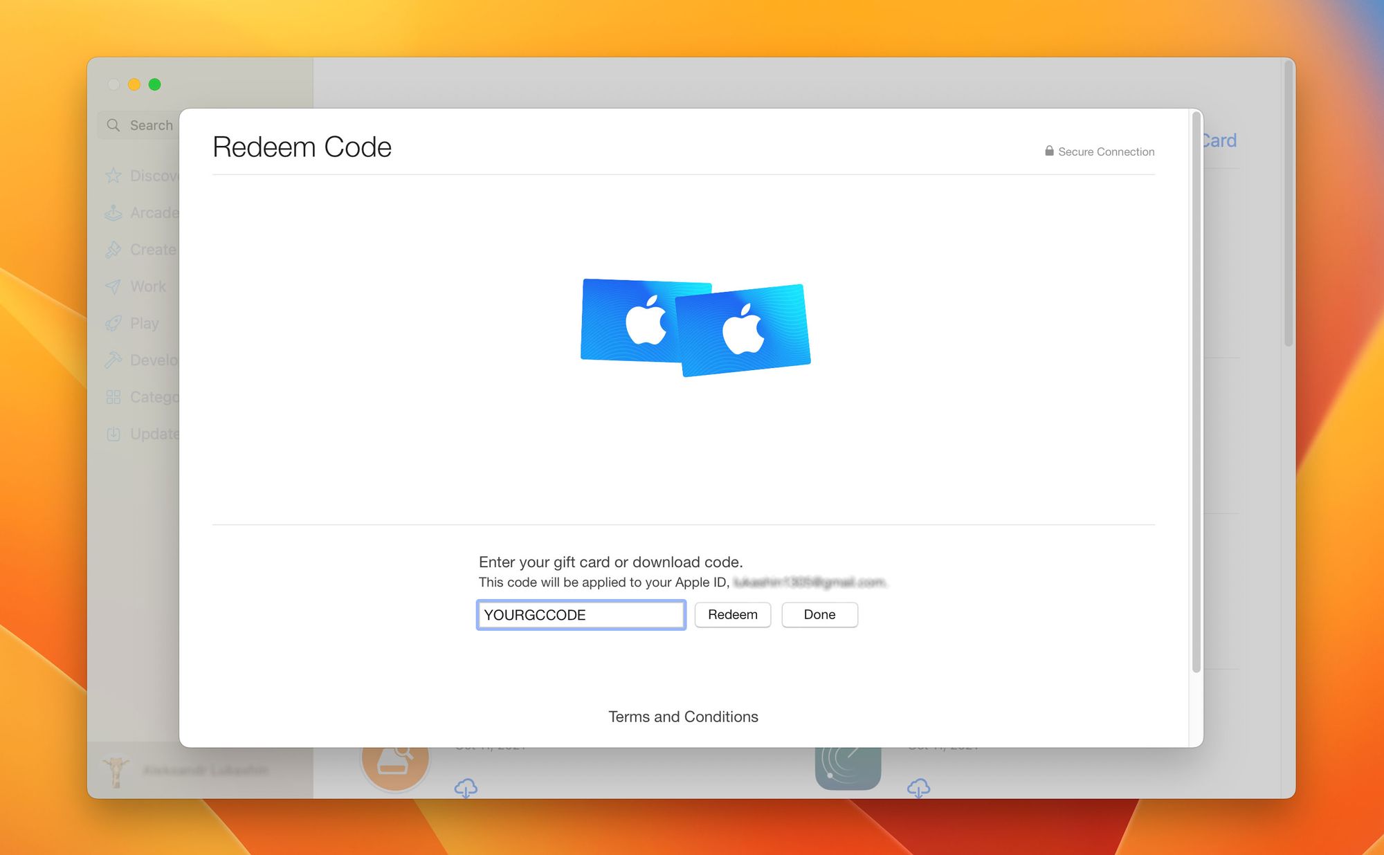 iTunes Gift Card redeem window on Mac