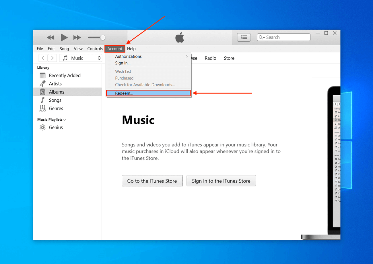 Redeem button in the Account options in iTunes for Windows