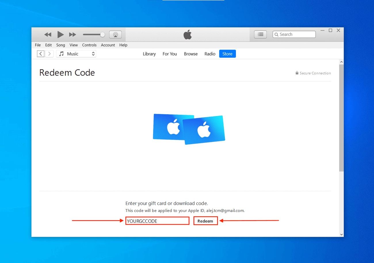 iTunes Gift Card redeem window in the iTunes for Windows app