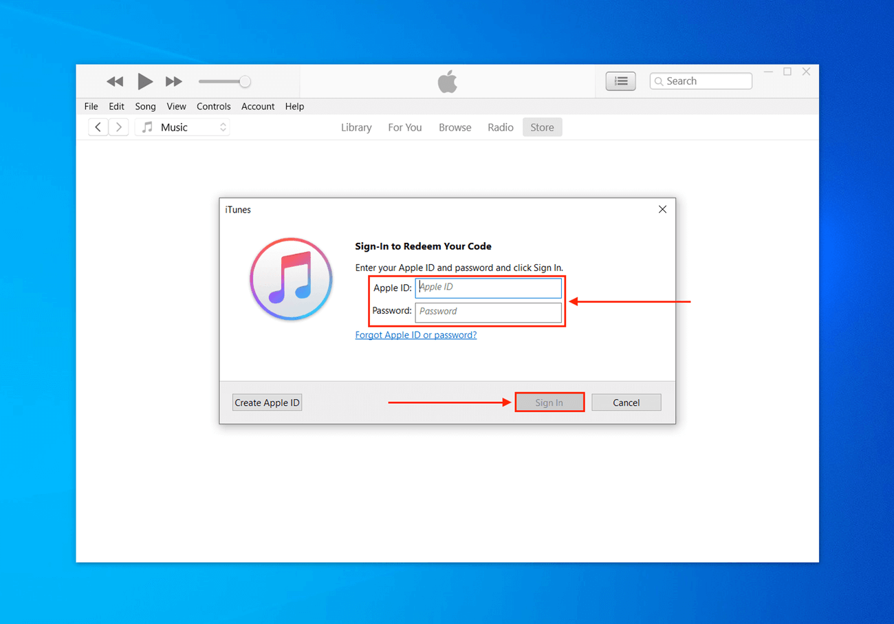Sign in dialogue box in the iTunes app