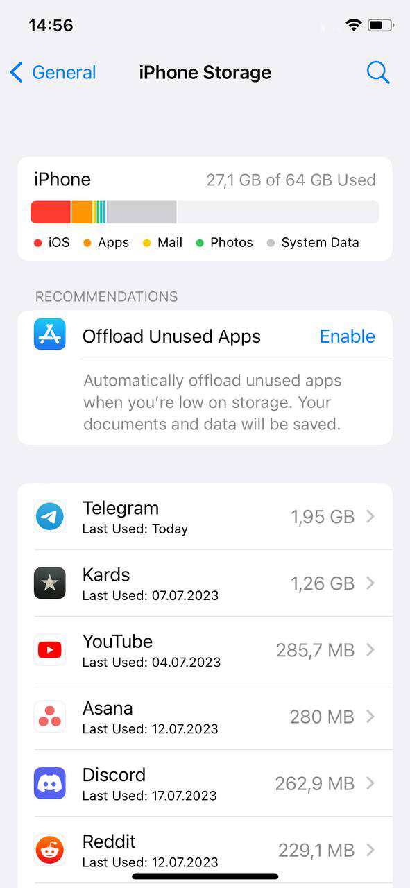 list of apps and their storage usage