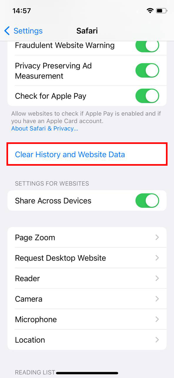 select option to delete safari history on iphone