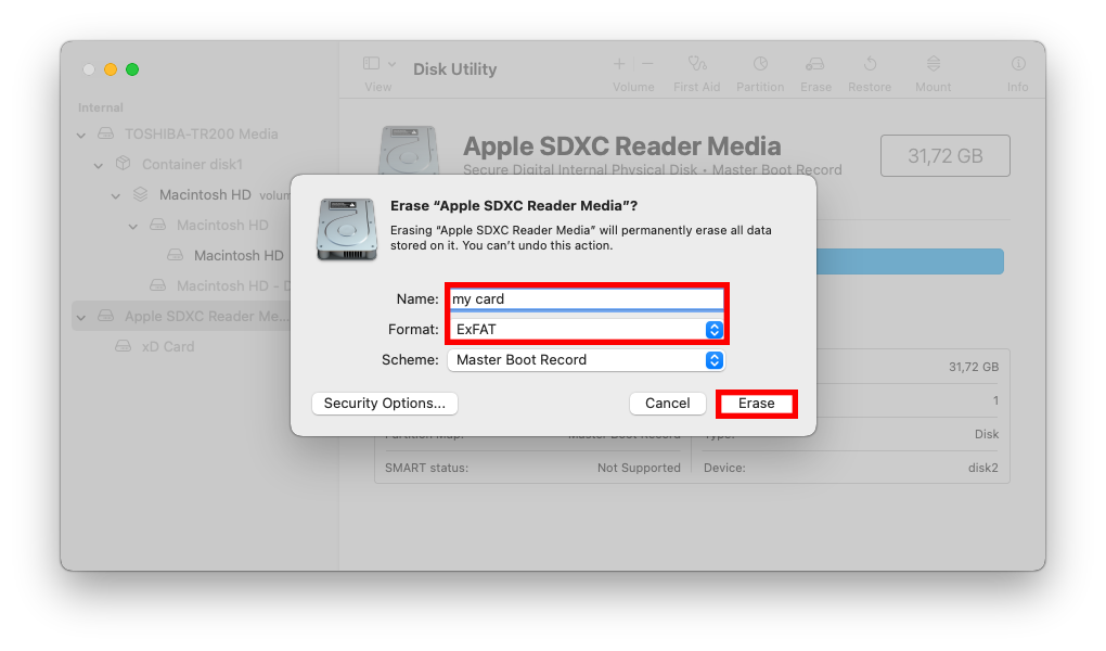 select your preferences and then erase sd card on mac
