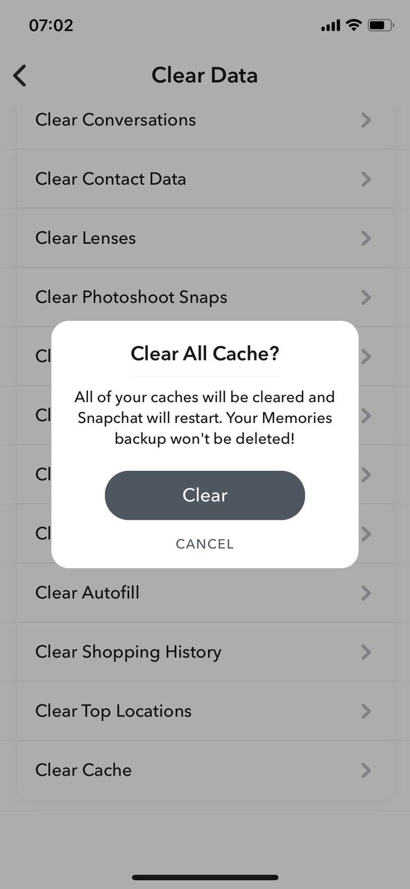 clear cache for snapchat on iphone