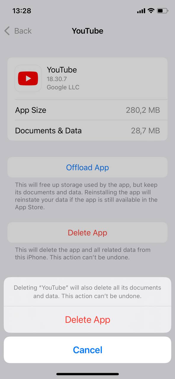 delete app to clear youtube cache ios