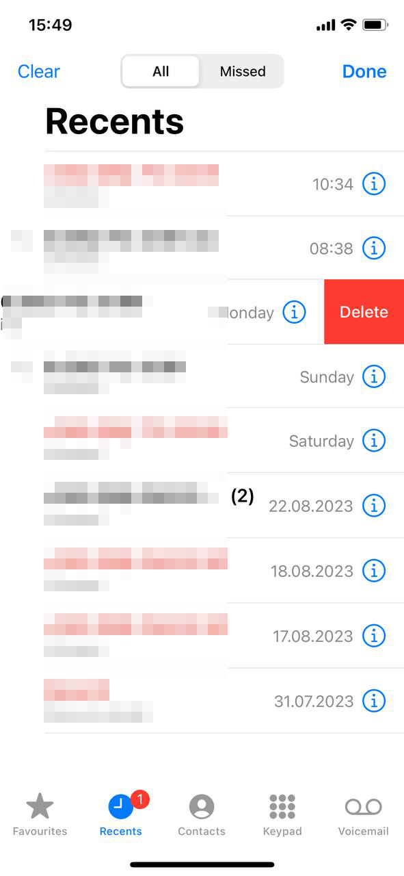 delete single entry in call history