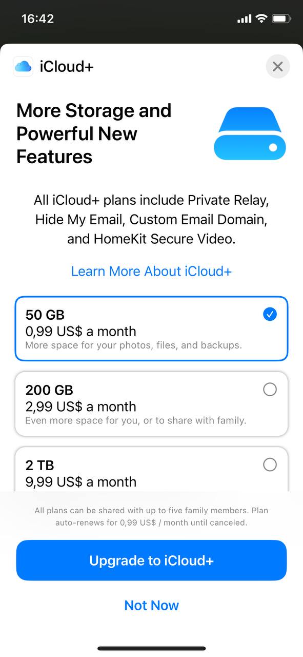 pricing for buyng more iCloud storage