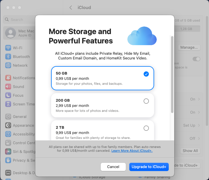 get more icloud storage using mac