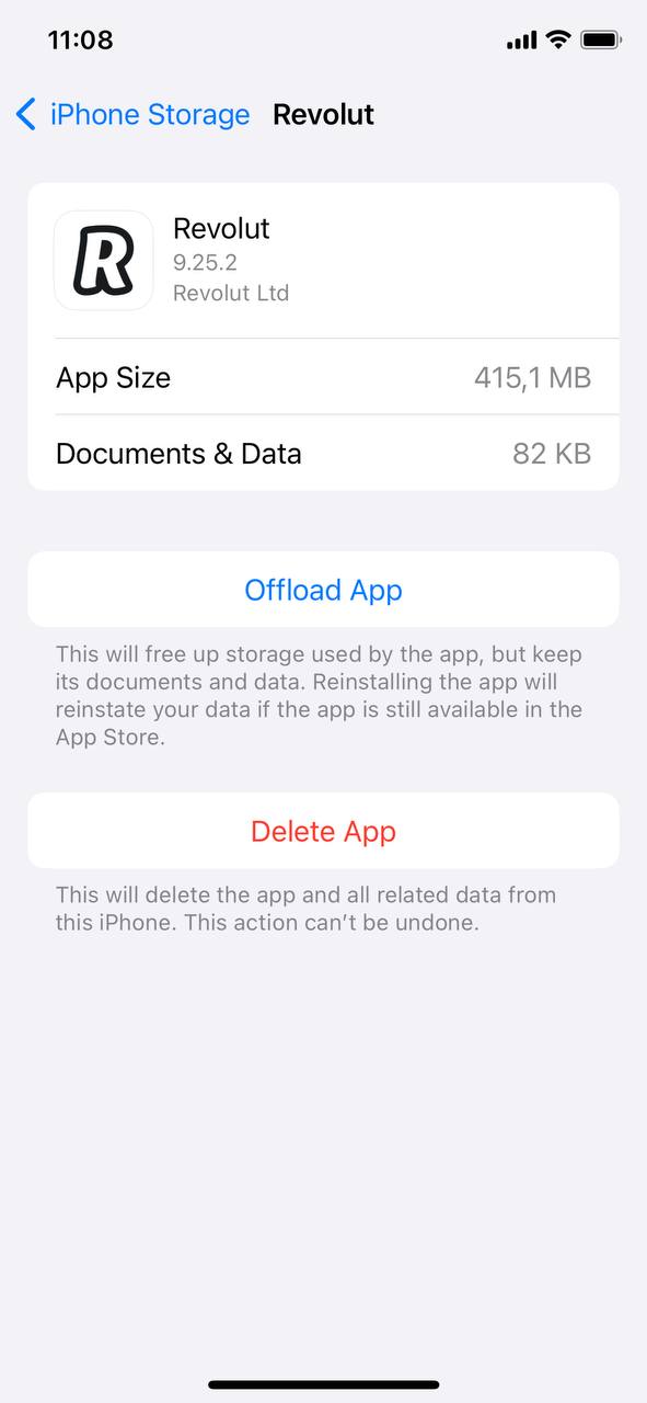 revolut app storage usage