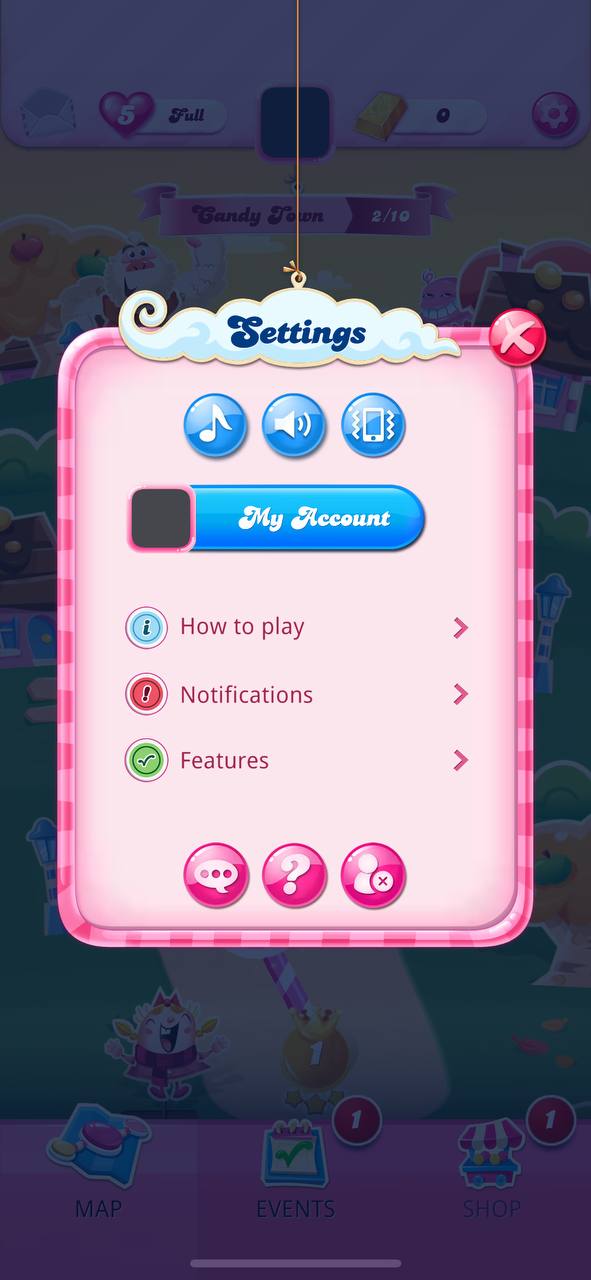 candy crush settings menu